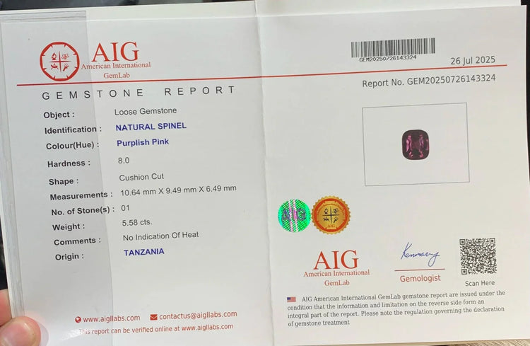 5.58 Ct Natural Purple Pink Spinel – Cushion Cut Untreated AIG Certified - GAIA GEMS
