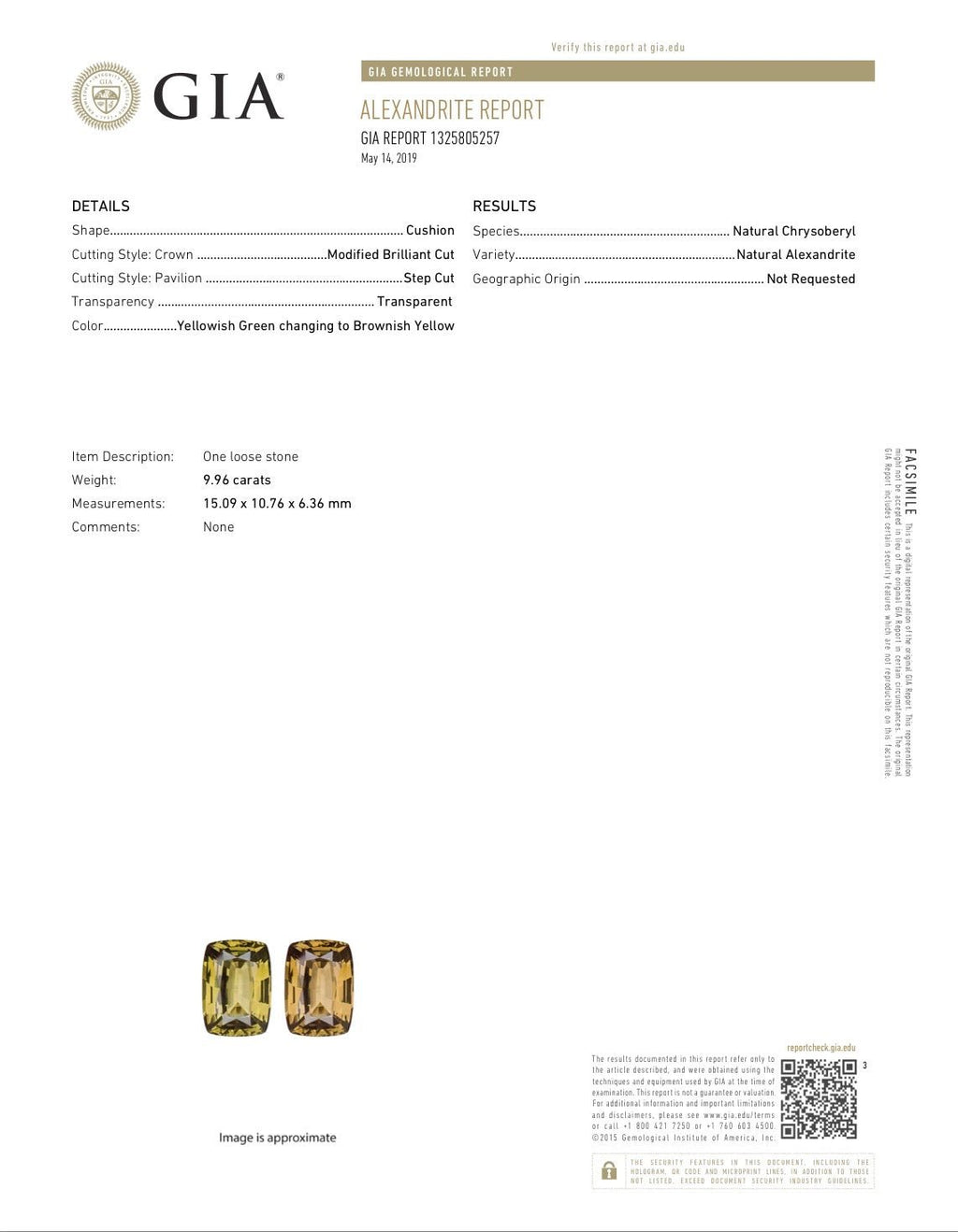 9.96 Ct Natural Alexandrite – Rare Color-Change Gem | Cushion Cut | Yellowish-Green to Brownish-Yellow | Untreated | GIA Certified | Exceptional Clarity