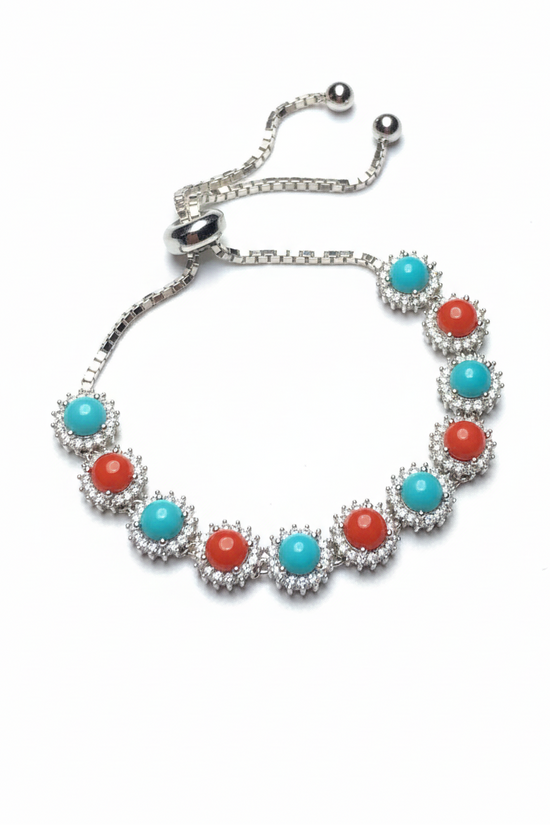 Natural Turquoise & Coral Bracelet – 61.50 Carats | 925 Silver | Multi-Gemstone Design