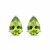 Natural peridot pear earrings set in 14K white gold with faceted gemstones and butterfly backings