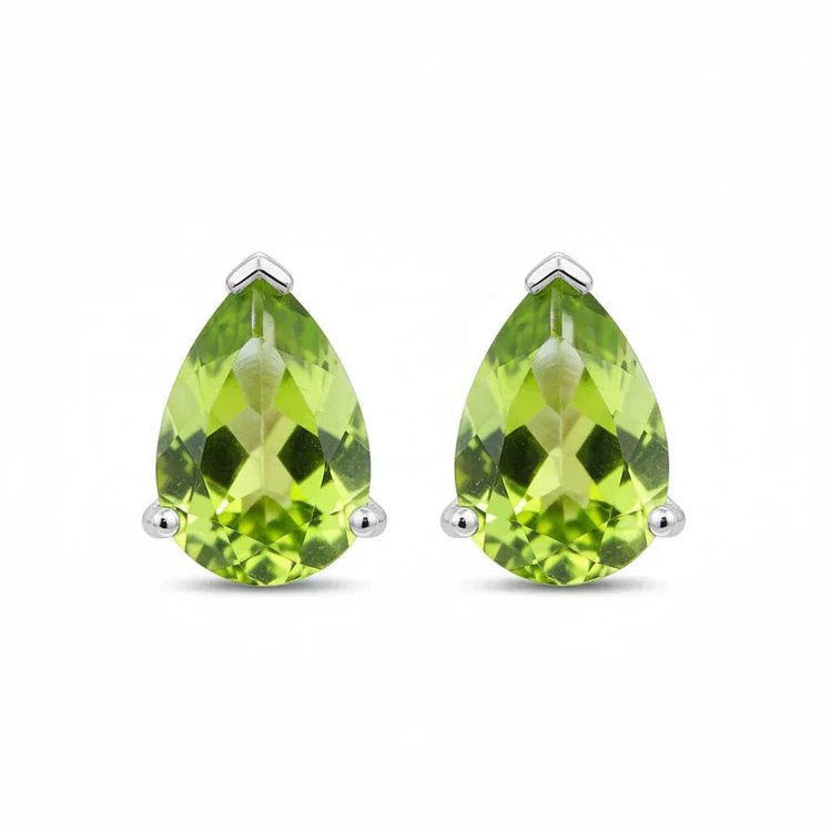 Natural peridot pear earrings set in 14K white gold with faceted gemstones and butterfly backings