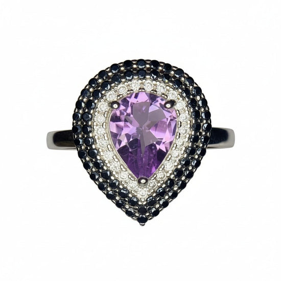 Natural Amethyst & Spinel Ring – 925 Sterling Silver | Rhodium Plated | Size 9 | Elegant Designer Jewelry