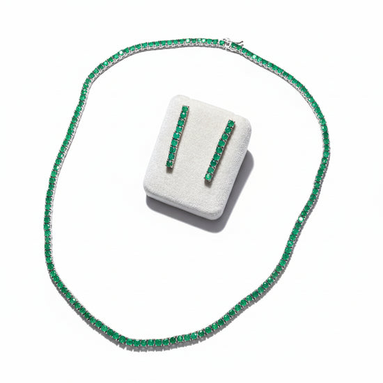 Natural Emerald Jewellery Set | Necklace &amp; Earrings | Colombian Emerald | Intense Green | Silver | Fine Jewellery Set