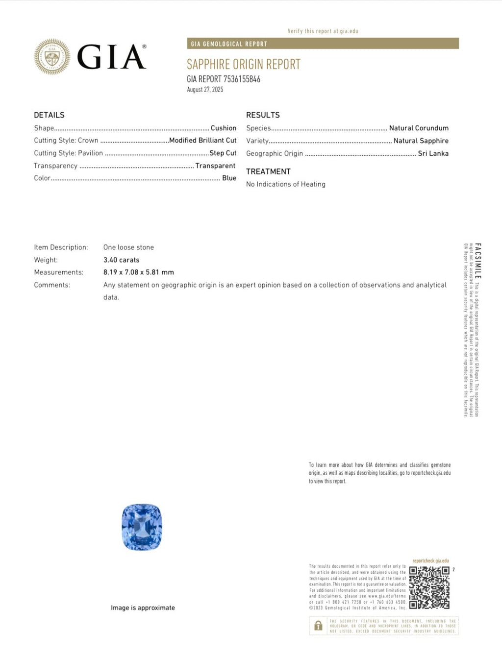 3.40 Ct Certified Natural Blue Sapphire – Cornflower Blue | Cushion Cut | Sri Lanka Origin | No Heat | Untreated | GIA Certified