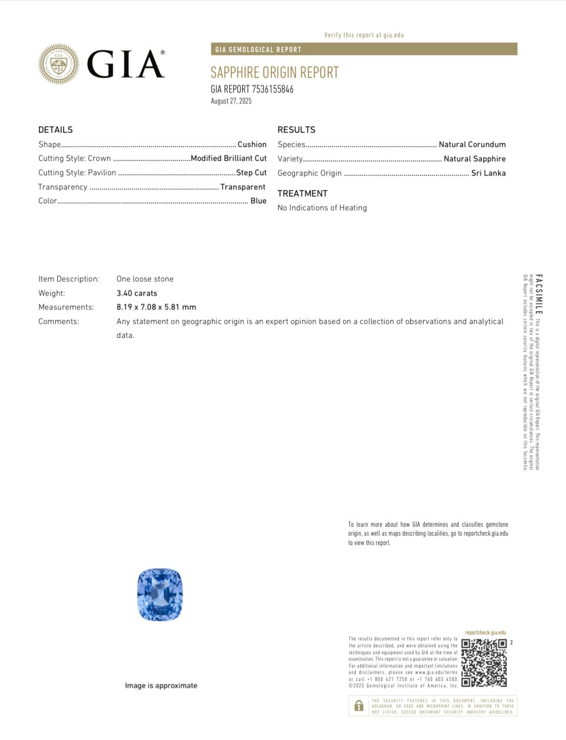 3.40 Ct Certified Natural Blue Sapphire – Cornflower Blue | Cushion Cut | Sri Lanka Origin | No Heat | Untreated | GIA Certified