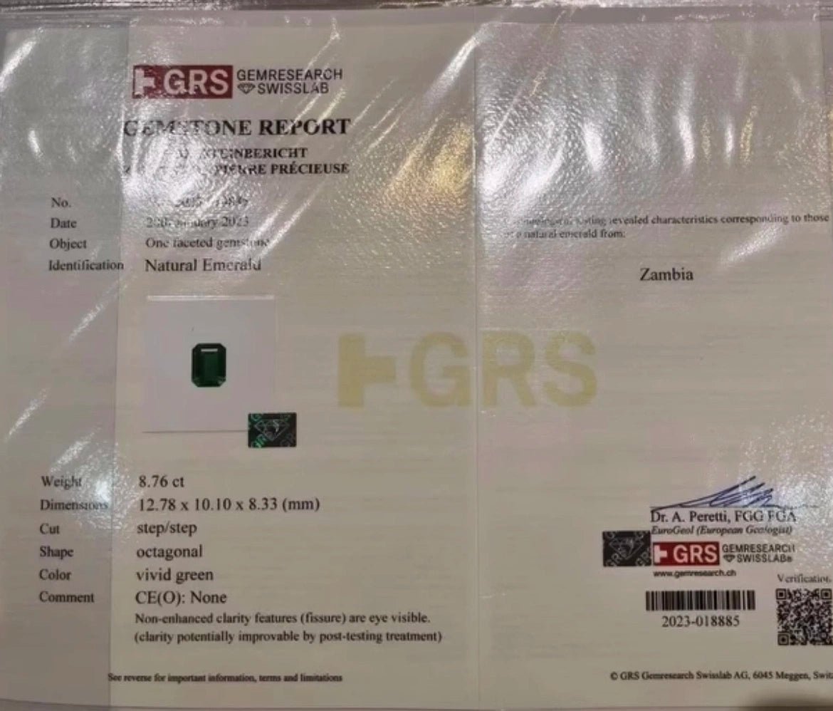 8.76 Ct Certified Natural Zambian Emerald – Vivid Green | Octagonal Cut | Untreated | GRS Certified | Top Color &amp; Quality