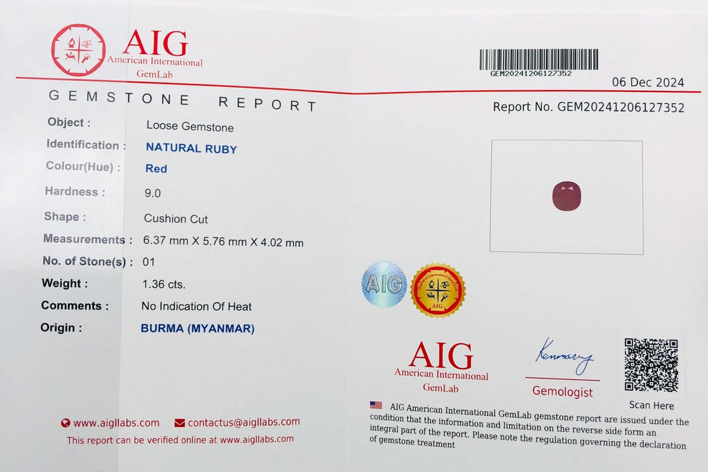 1.36 Ct Certified Natural Burmese Ruby – No Heat | Cushion Cut | Myanmar Origin | SI Clarity | AIG Certified