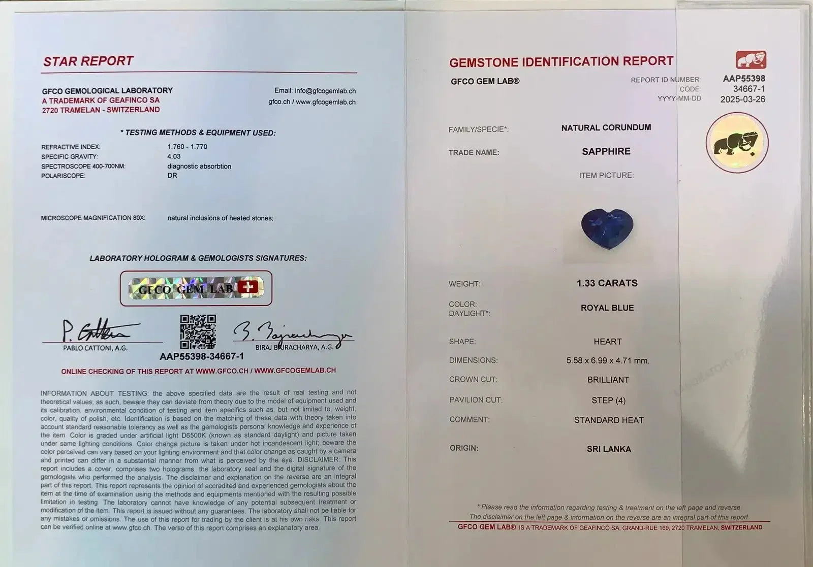 1.33 Ct Certified Royal Blue Natural Sapphire – Heart Shape | Sri Lanka Origin - GAIA GEMS