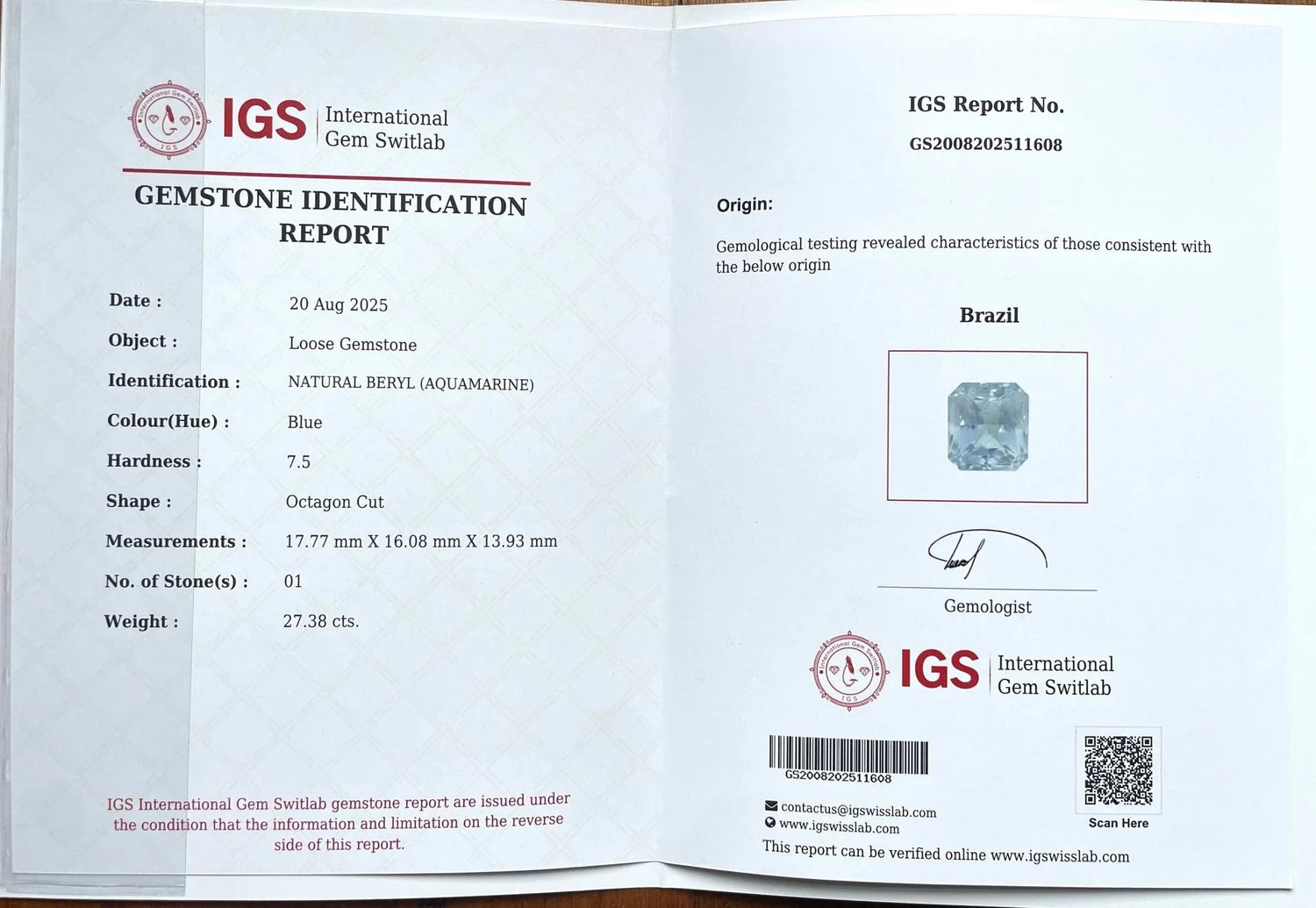 27.38 Ct Certified Natural Ice Blue Aquamarine from Brazil – VVS Clarity, Untreated - GAIA GEMS