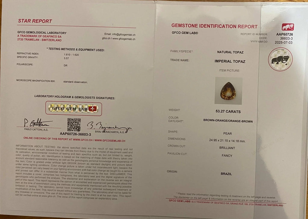 Certified Natural Imperial Topaz – 53.27 Carats - GAIA GEMS