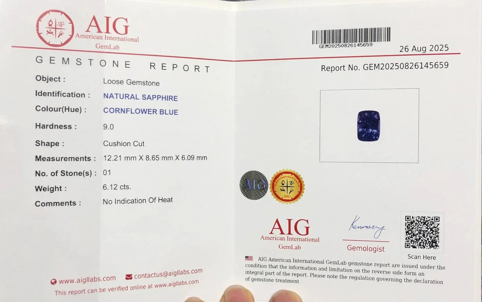 Certified Natural Cornflower Blue Sapphire – 6.12 Carats- Unheated from Sri Lanka - GAIA GEMS
