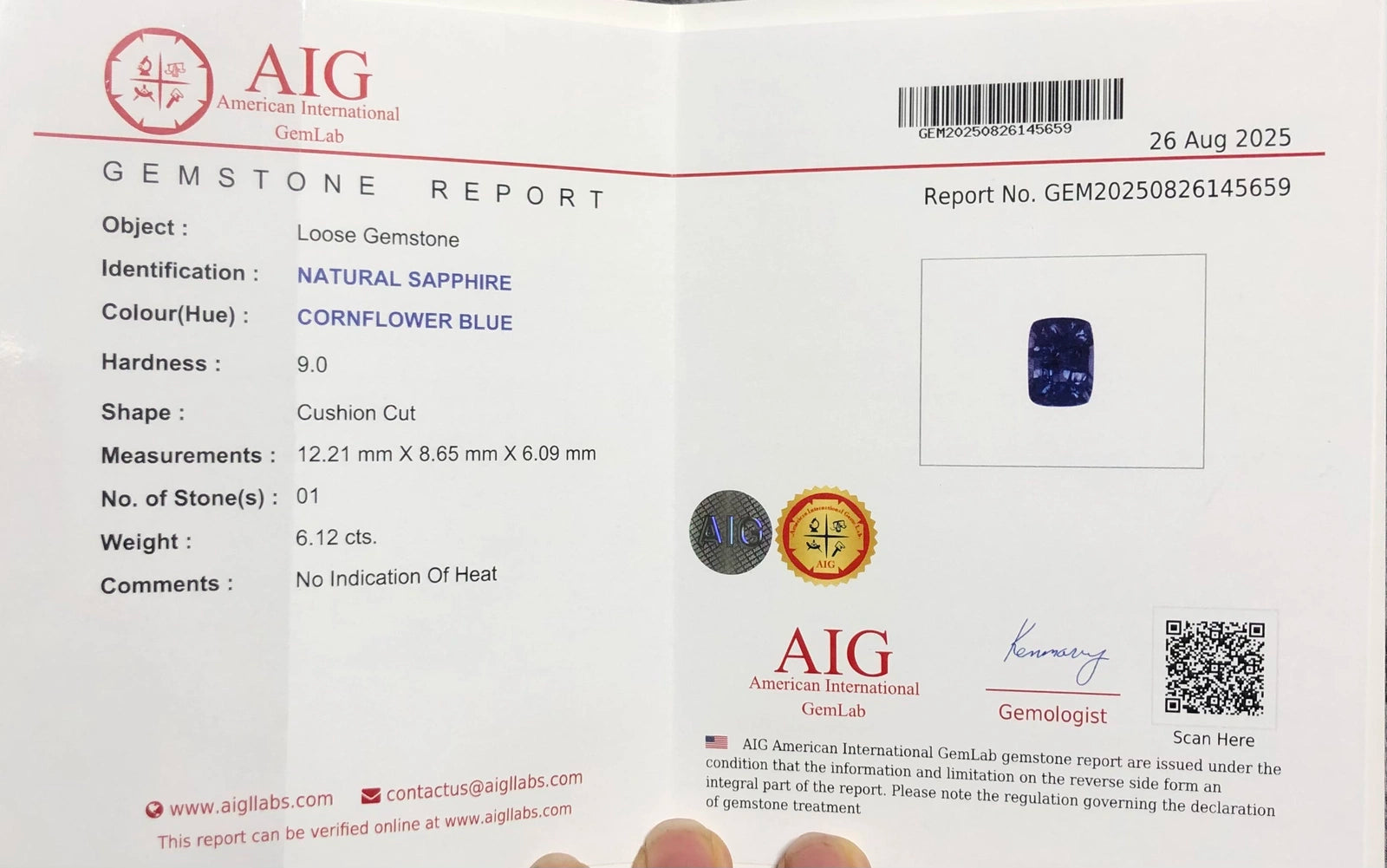 Certified Natural Cornflower Blue Sapphire – 6.12 Carats- Unheated from Sri Lanka