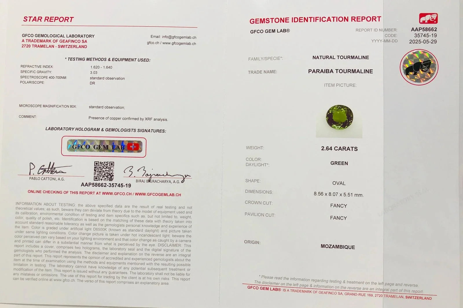 Natural 2.64 Ct Green Paraiba Tourmaline from Mozambique – Unheated, Certified Gemstone, Oval Faceted, VS Clarity - GAIA GEMS