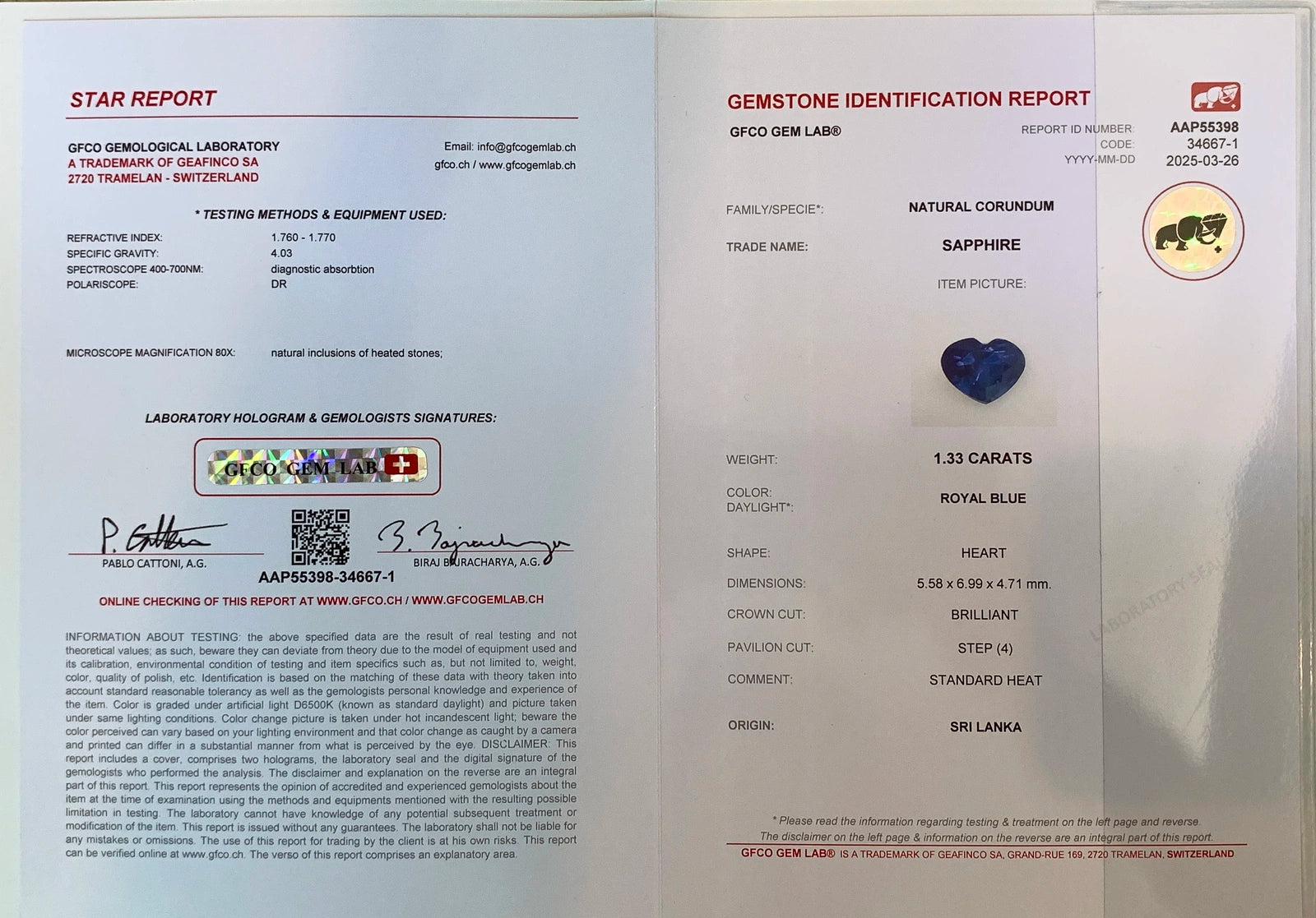 1.33 Ct Certified Royal Blue Natural Sapphire – Heart Shape | Sri Lanka Origin