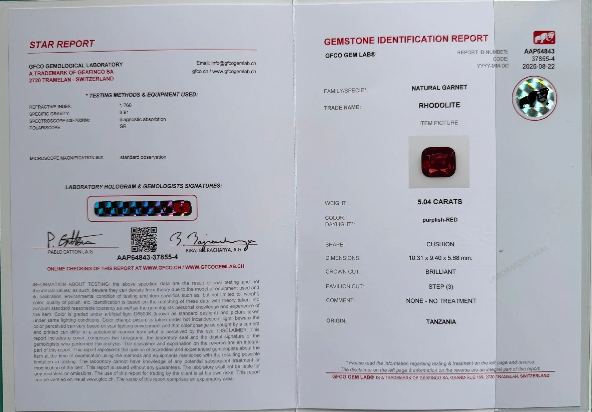 5.04 Ct Certified Natural Rhodolite Garnet – Pinkish Red | Cushion Cut | Tanzania Origin | Unheated | VVS Clarity | GFCO Certified