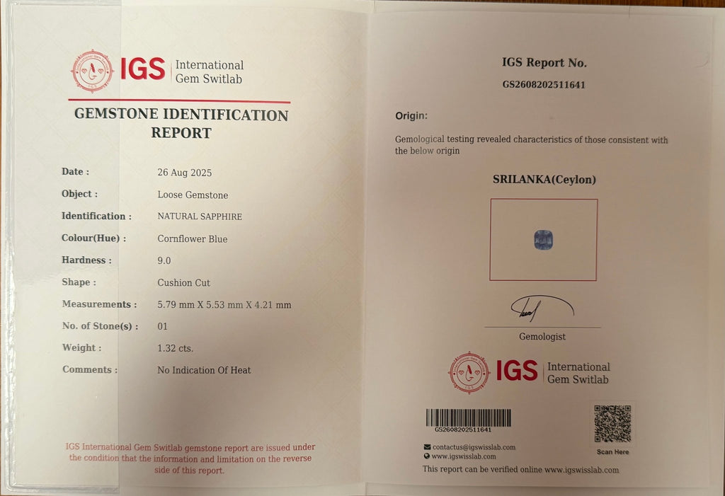 1.32 Ct Certified Blue Sapphire – Cornflower Blue | Cushion Cut | Sri Lanka Origin | Unheated | VS Clarity