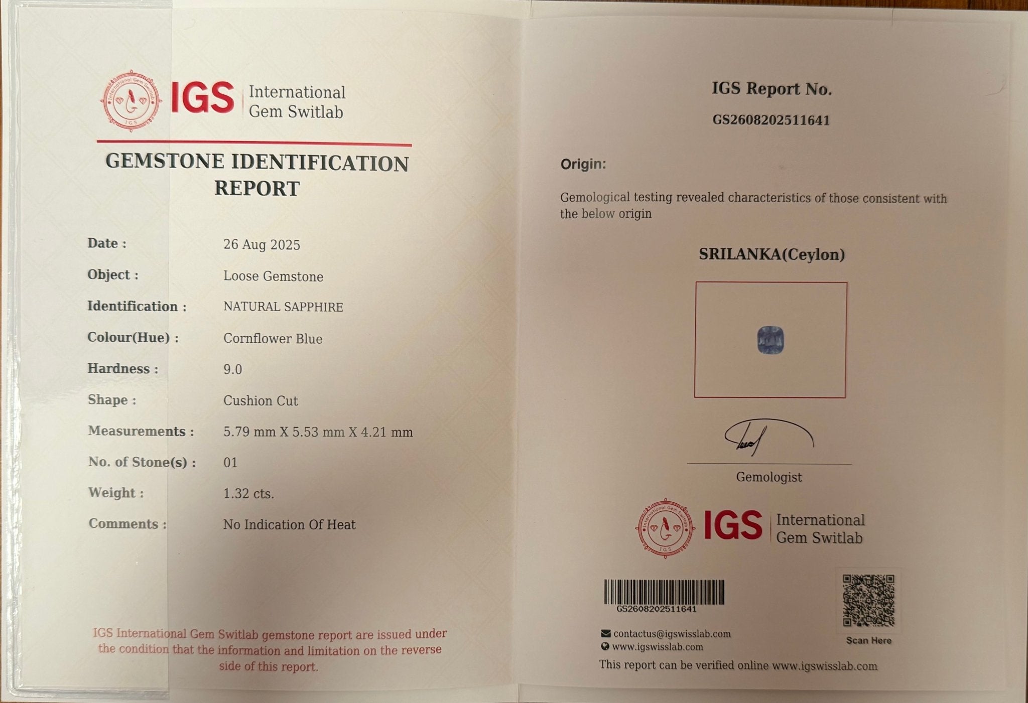 1.32 Ct Certified Blue Sapphire – Cornflower Blue | Cushion Cut | Sri Lanka Origin | Unheated | VS Clarity