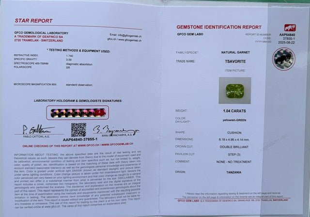 1.04 Ct Certified Tsavorite Garnet – Vivid Yellowish-Green | Cushion Cut | Tanzania Origin | Unheated | GFCO Certified
