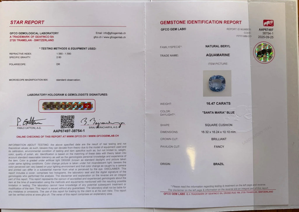 16.47 Ct Certified Santa Maria Aquamarine | Fancy Cut | Minas Gerais, Brazil | GFCO Certified