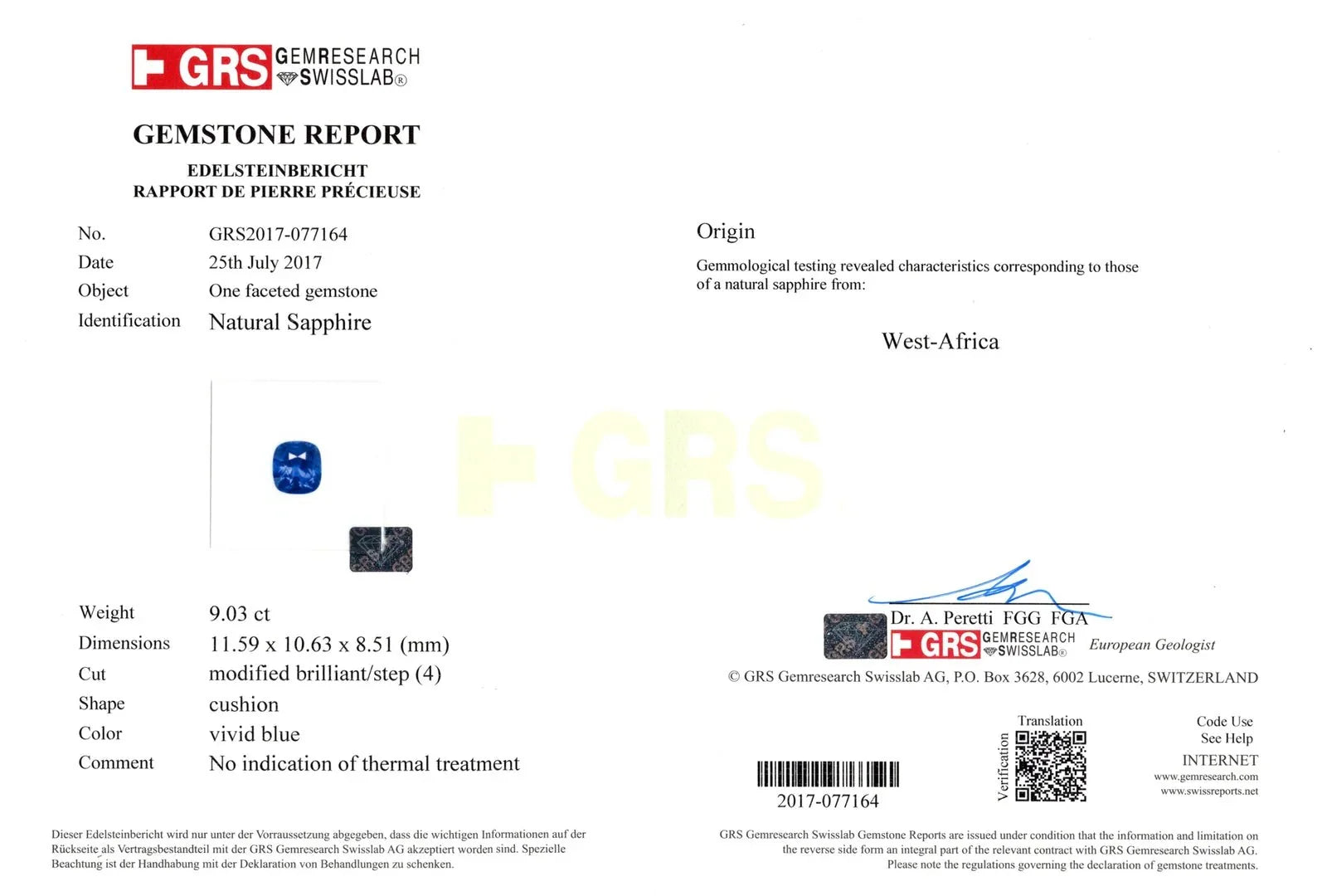 9.03 Ct Untreated Royal Blue Sapphire – Cushion Cut | GRS & Gübelin Certified - GAIA GEMS