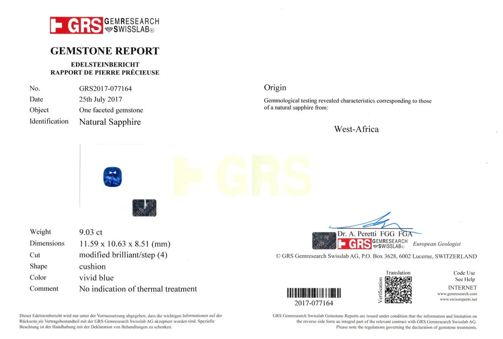 9.03 Ct Untreated Royal Blue Sapphire – Cushion Cut | GRS & Gübelin Certified - GAIA GEMS