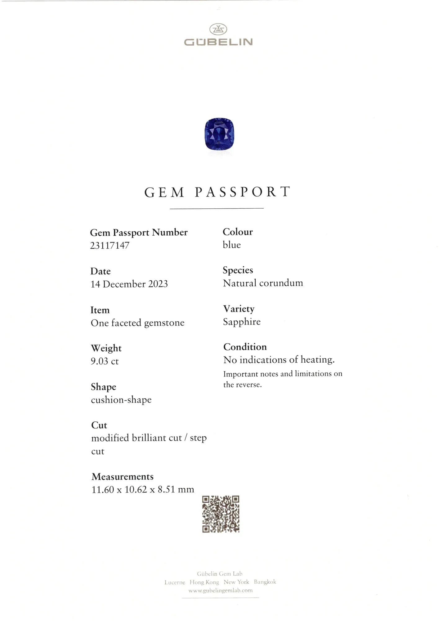9.03 Ct Untreated Royal Blue Sapphire – Cushion Cut | GRS & Gübelin Certified - GAIA GEMS