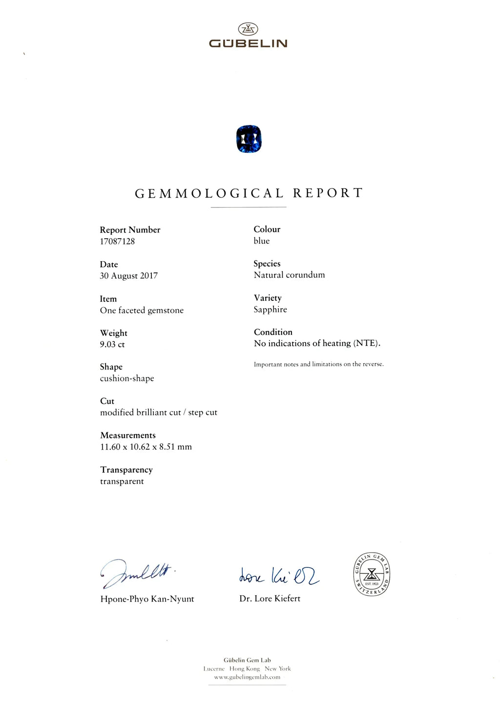 9.03 Ct Untreated Royal Blue Sapphire – Cushion Cut | GRS & Gübelin Certified - GAIA GEMS