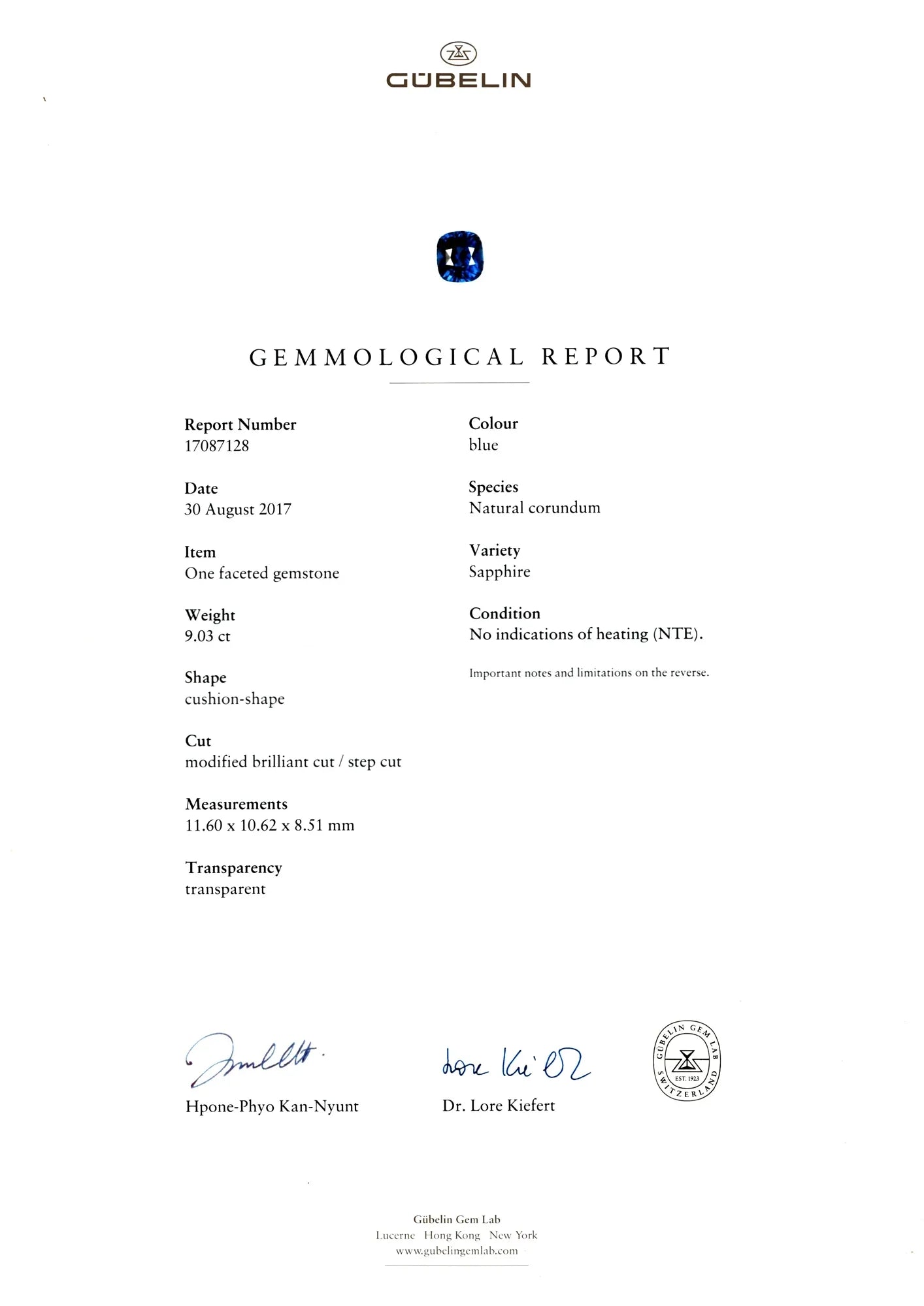 9.03 Ct Untreated Royal Blue Sapphire – Cushion Cut | GRS & Gübelin Certified - GAIA GEMS