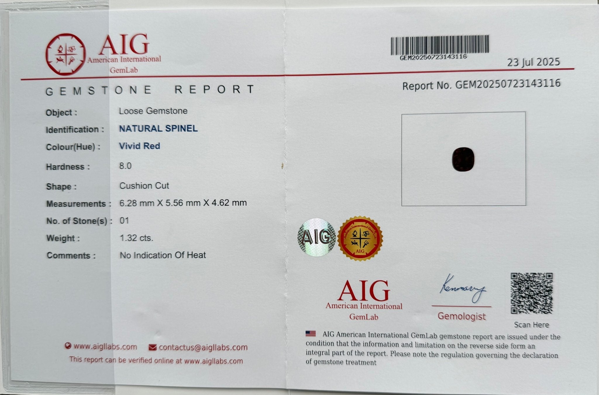 1.38 Ct Certified Natural Vivid Red Spinel – Untreated | Cushion Cut | VS Clarity | Burma Origin | AIG Certified