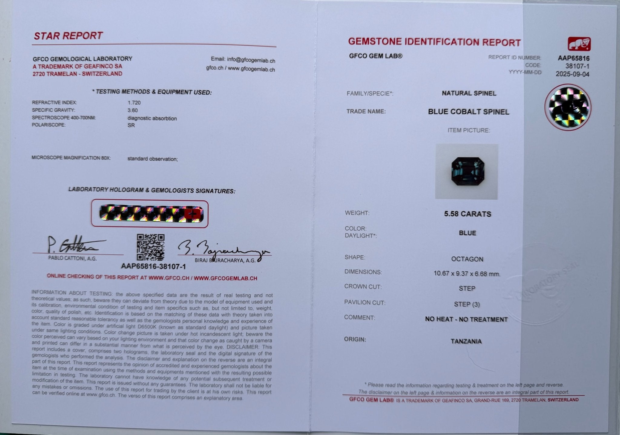 5.58 Ct Certified Natural Peacock Blue Spinel – Octagonal Cut | VVS Clarity | Tanzania Origin | Untreated | GFCO Certified