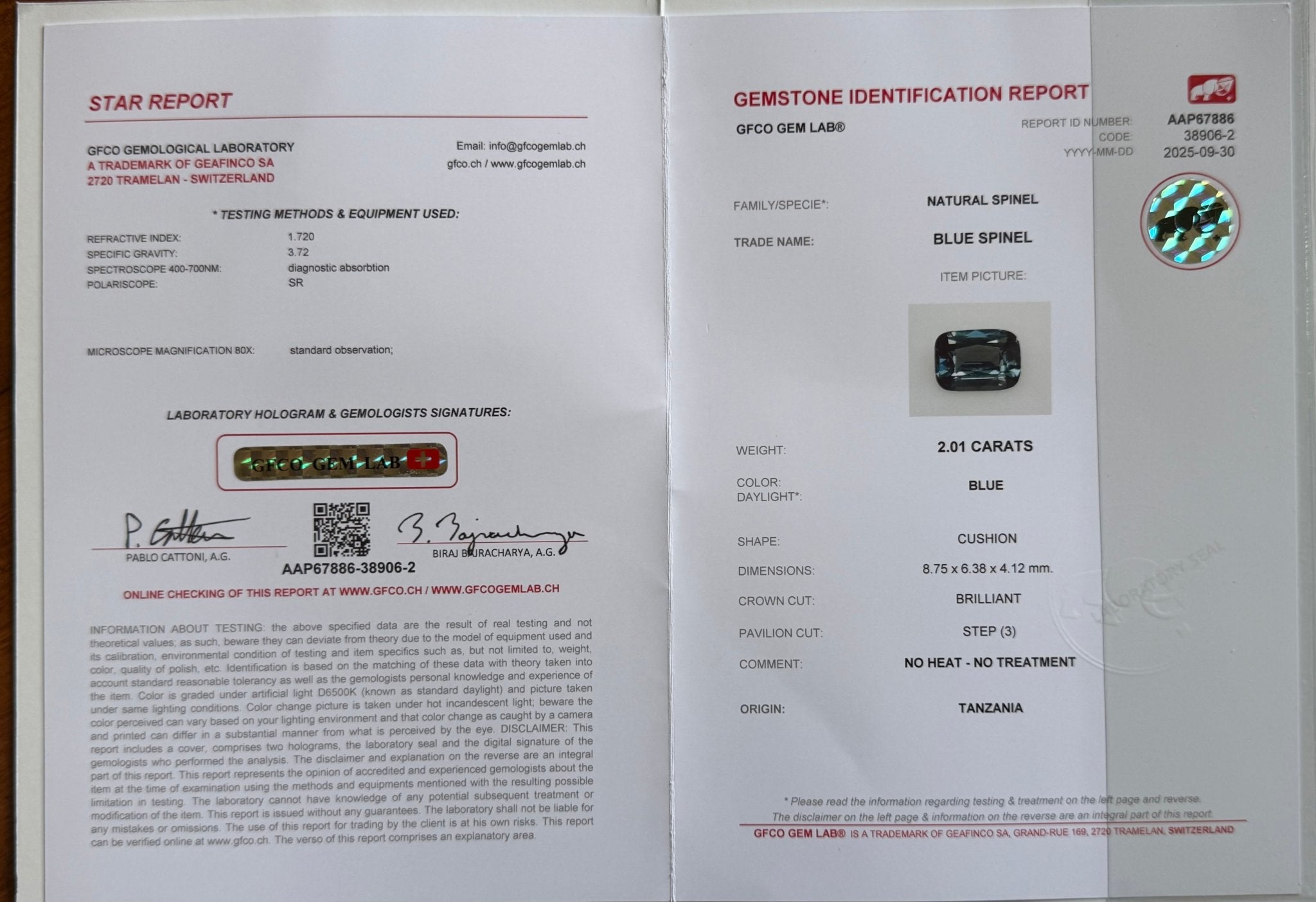 2.01 Ct Certified Natural Blue Spinel – VVS+ Clarity | Unheated | Tanzania Origin | GFCO Certified | Cushion Cut