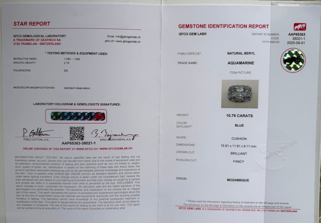 10.75 Ct Certified Natural Santa Maria Aquamarine – Mozambique Origin | Fancy Faceted | VVS Clarity | Heated | GFCO Certified