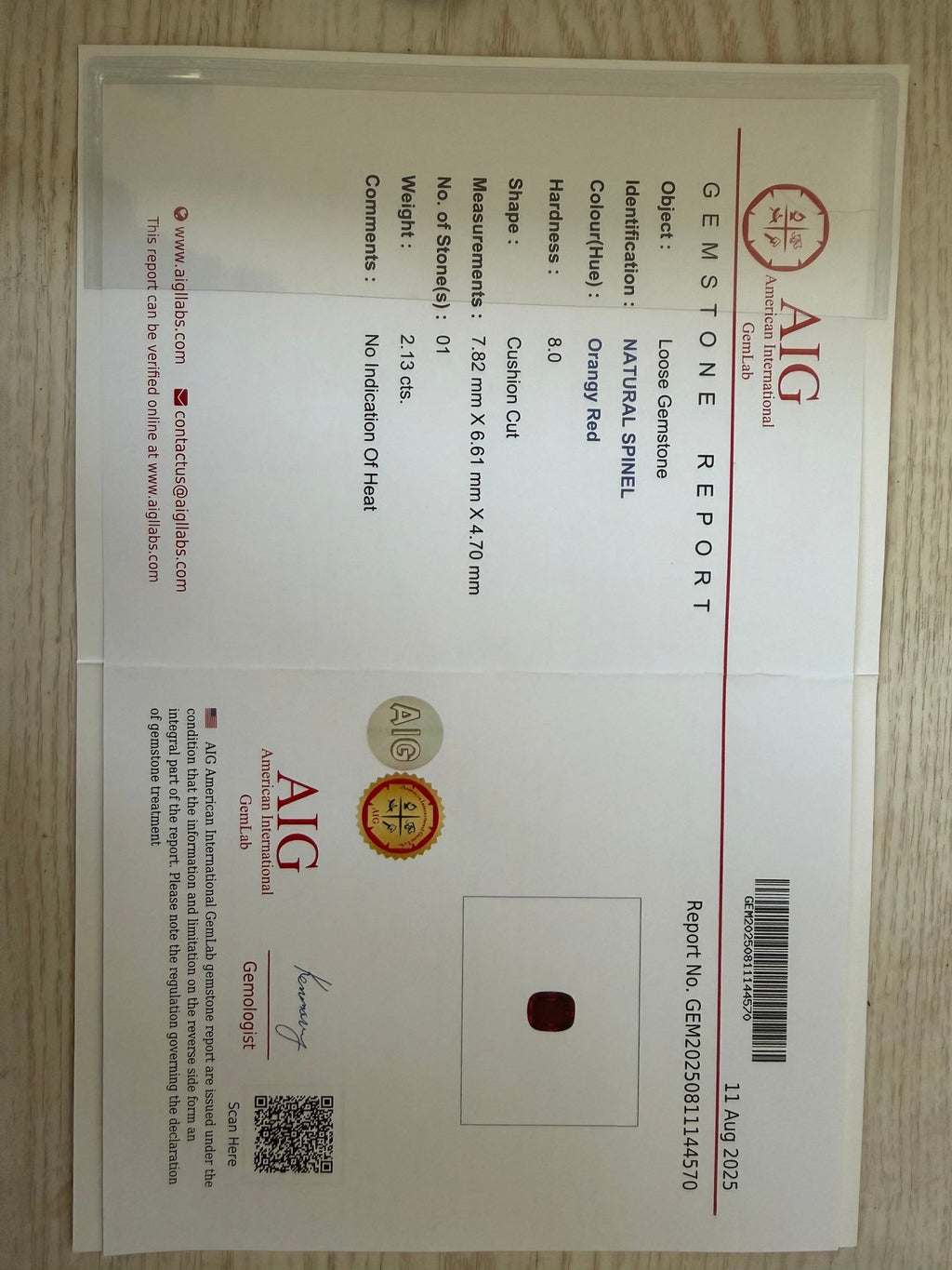 Certified Natural Orangey-Red Spinel – 2.13 Carats | Cushion Cut