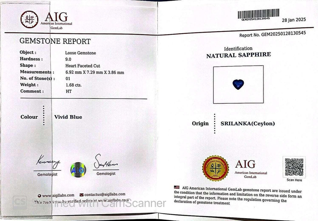 1.68 Ct Certified Blue Natural Sapphire – Heart Shape | Sri Lanka Origin - GAIA GEMS