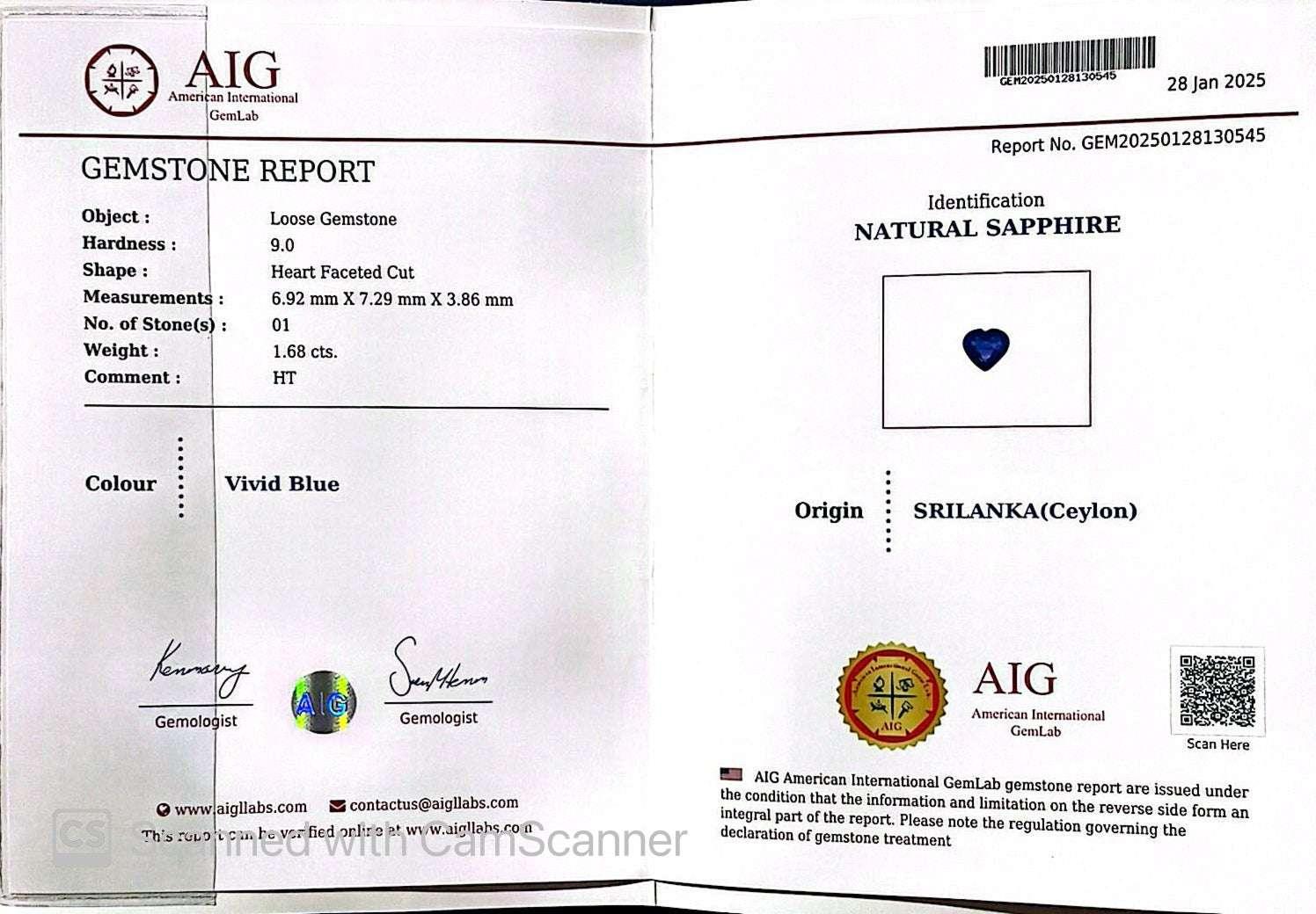 1.68 Ct Certified Blue Natural Sapphire – Heart Shape | Sri Lanka Origin - GAIA GEMS