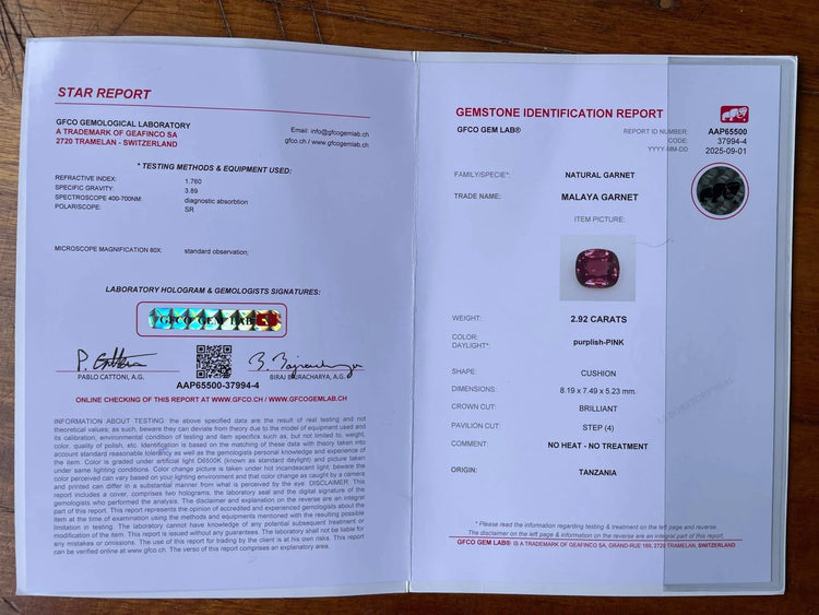 Rare Certified Malaya Garnet – 2.92 ct Cushion Cut | Unheated, VVS Pink Gem from Tanzania - GAIA GEMS
