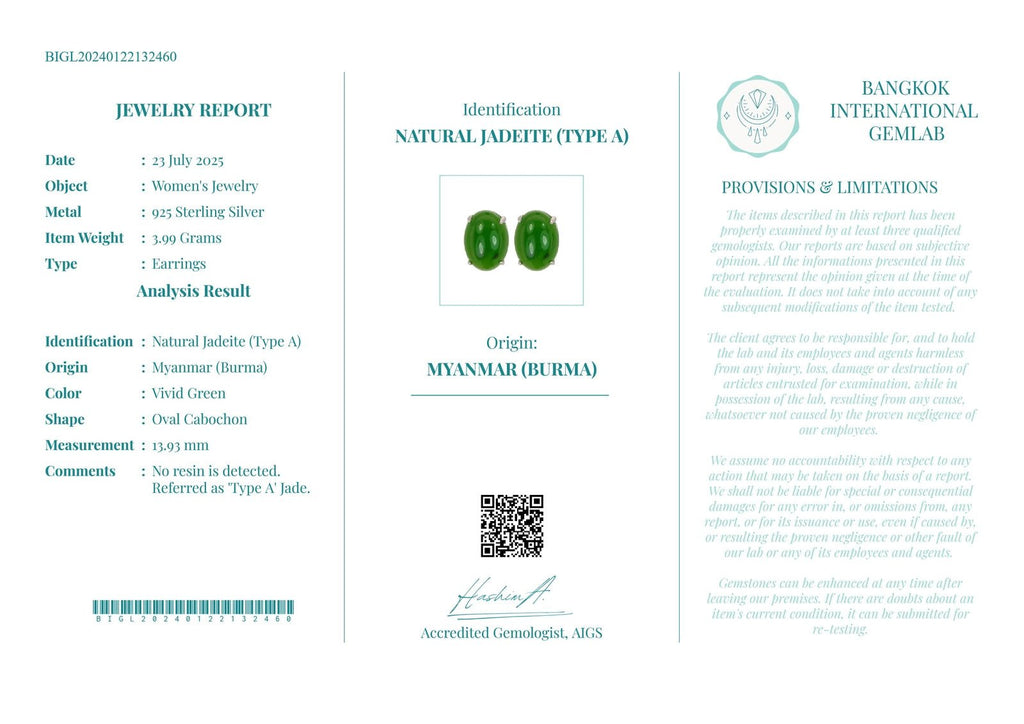 Certified 925 Sterling Silver Earrings with Natural Type A Jadeite | Vivid Green | Myanmar Origin