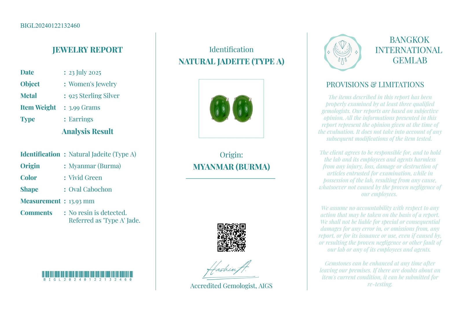 Certified 925 Sterling Silver Earrings with Natural Type A Jadeite | Vivid Green | Myanmar Origin