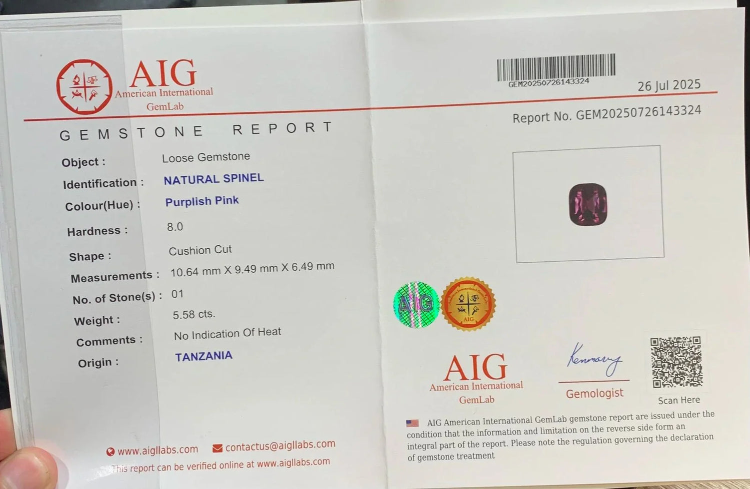 5.58 Ct Natural Purple Pink Spinel – Cushion Cut  Untreated  AIG Certified - GAIA GEMS