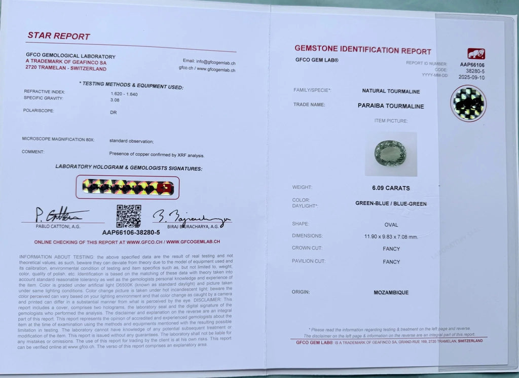 6.09 Ct Certified Top-Quality Natural Paraiba Tourmaline | Mozambique Origin | Untreated | GFCO Certified