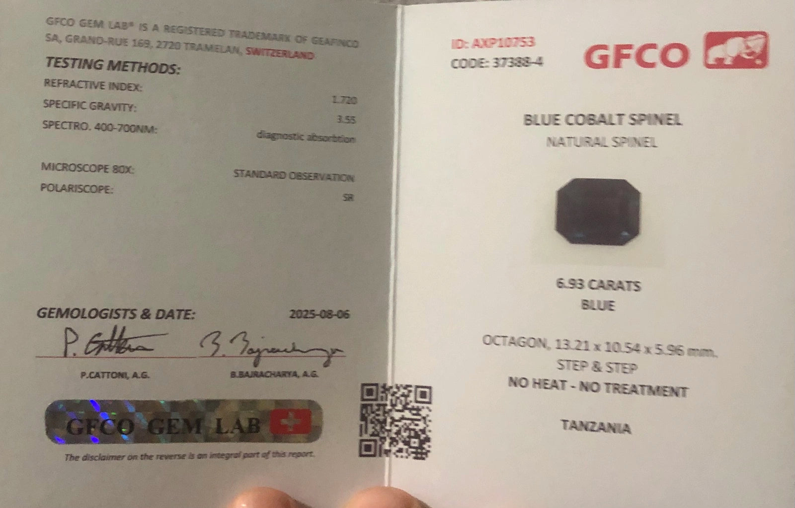 Certified Natural Blue Cobalt Spinel – 6.93 Carats