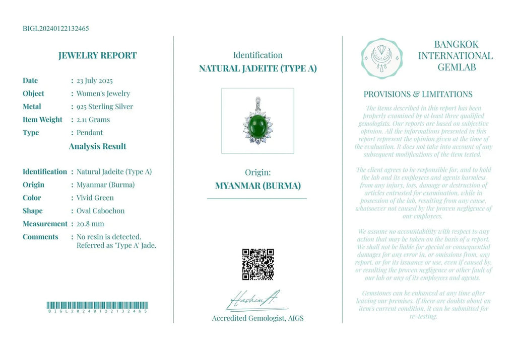 Certified Natural Type A Jadeite Pendant – 925 Sterling Silver | Vivid Green Oval Cut | Timeless Elegance for Women