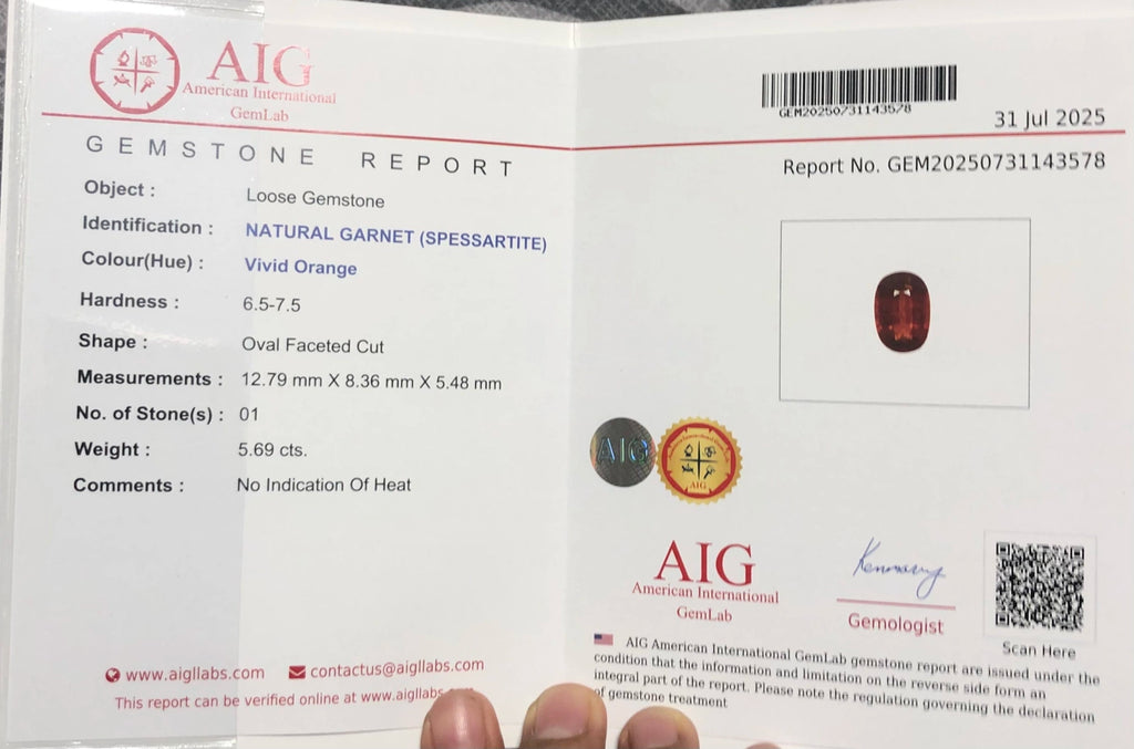 Certified Natural Spessartite Garnet – 5.69 Carats | Vivid Orange | VS Clarity | Fancy Round Cut | Untreated | AIG Certified