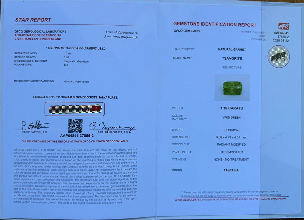 1.18 Ct Certified Natural Tsavorite Garnet – Vivid Green | Cushion Cut | Tanzania Origin | Unheated | VS Clarity | GFCO Certified