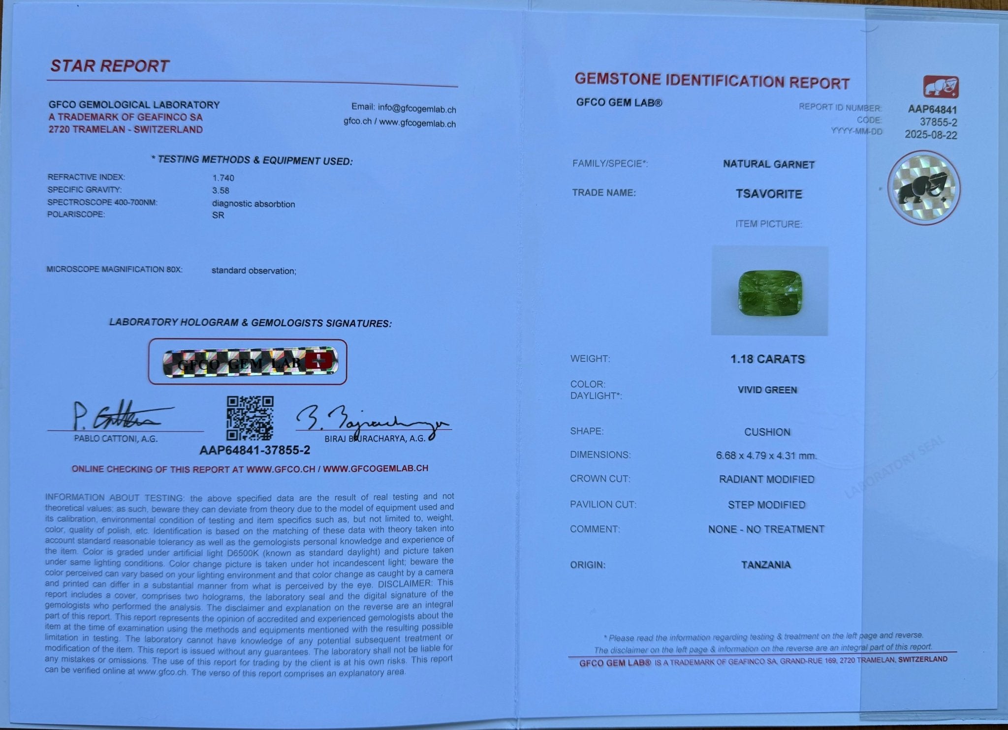 1.18 Ct Certified Natural Tsavorite Garnet – Vivid Green | Cushion Cut | Tanzania Origin | Unheated | VS Clarity | GFCO Certified