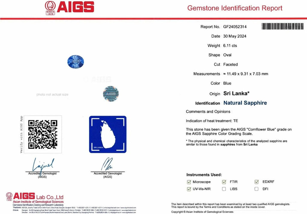 6.11 Ct Certified Natural Blue Sapphire – Cornflower Blue | Oval Cut | AIGS Certified | Fine Quality | Sri Lanka Origin | Heated